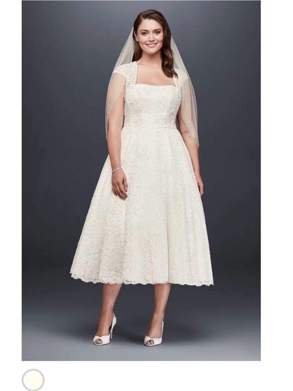 David's Bridal Ivory Lace Tea-Length 9T9948 Wedding Dress with Bolero